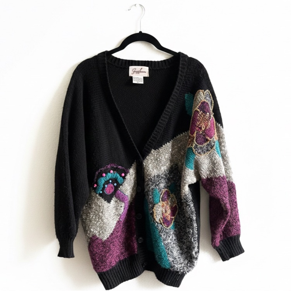 VINTAGE Jaclyn‎ Smith Black and Purple Floral Beaded Cardigan Women’s Large